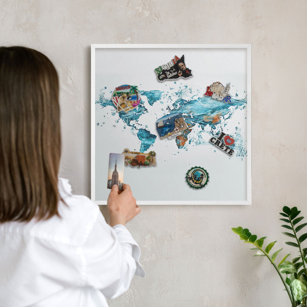 Decorative magnet board with a white frame Water map