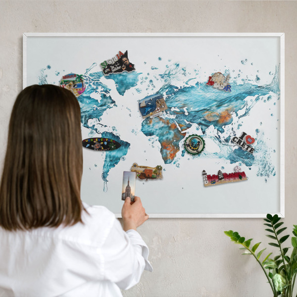 Decorative magnet board with a white frame Water map