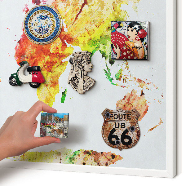 Magnetic board for travel magnets in a white frame Color map