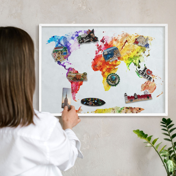 Magnetic board for travel magnets in a white frame Color map