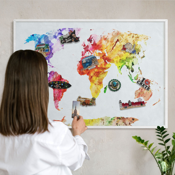 Magnetic board for travel magnets in a white frame Color map
