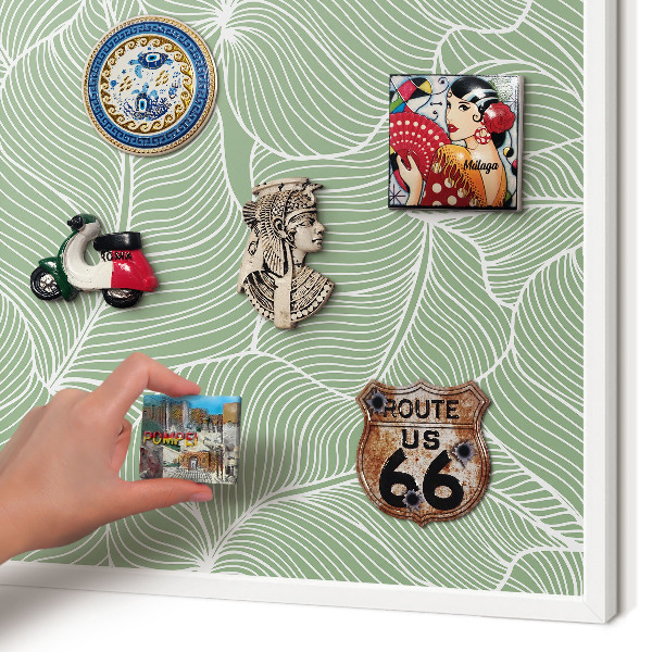 Magnetic board for travel magnets in a white frame Tropical leaves