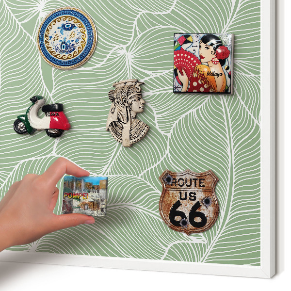 Magnetic board for travel magnets in a white frame Tropical leaves