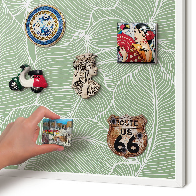 Magnetic board for travel magnets in a white frame Tropical leaves