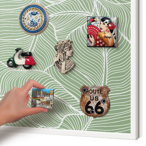 Magnetic board for travel magnets in a white frame Tropical leaves