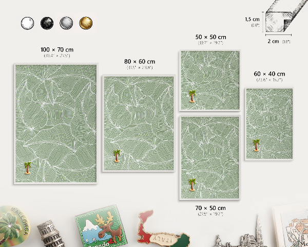 Magnetic board for travel magnets in a white frame Tropical leaves