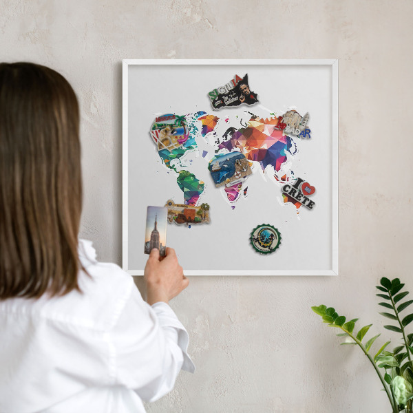 Decorative magnet board with a white frame World map