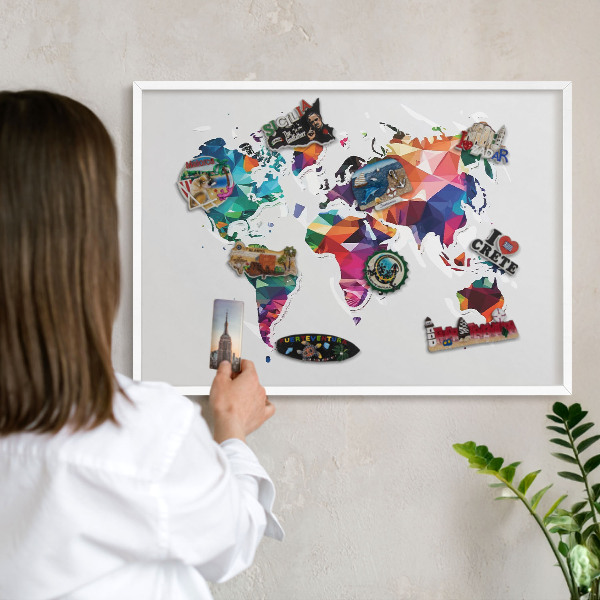 Decorative magnet board with a white frame World map
