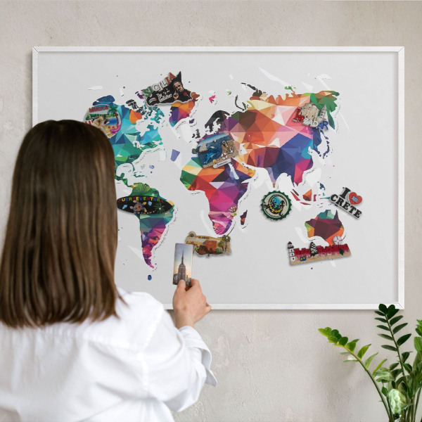 Decorative magnet board with a white frame World map