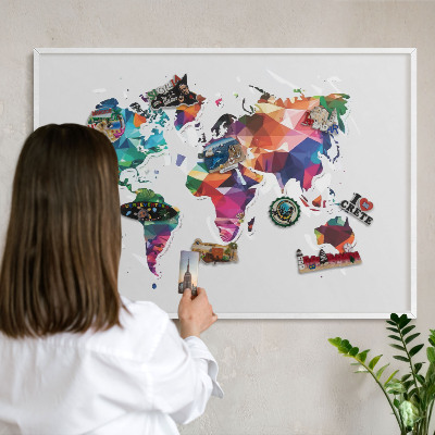 Decorative magnet board with a white frame World map