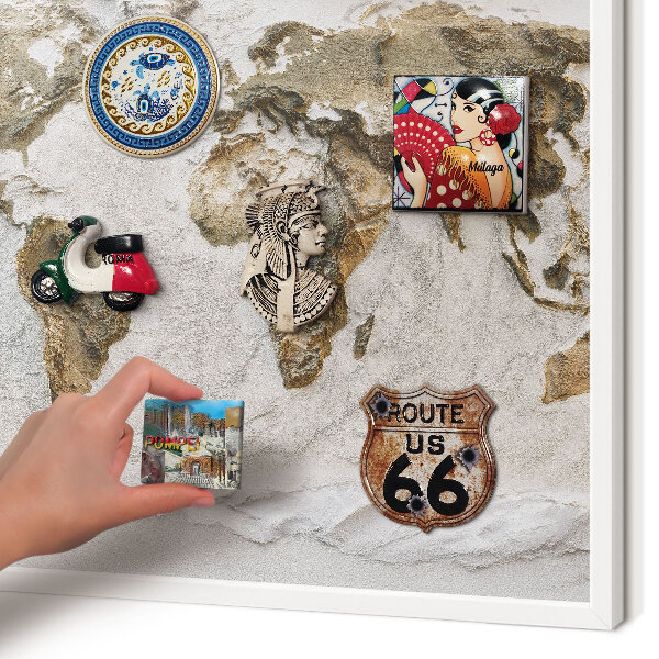 Magnetic board for travel magnets in a white frame Relief map