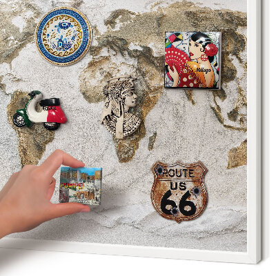 Magnetic board for travel magnets in a white frame Relief map