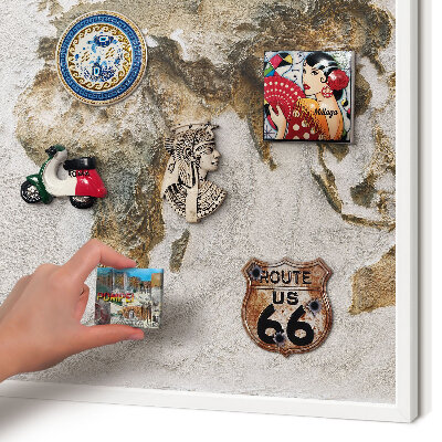Magnetic board for travel magnets in a white frame Relief map
