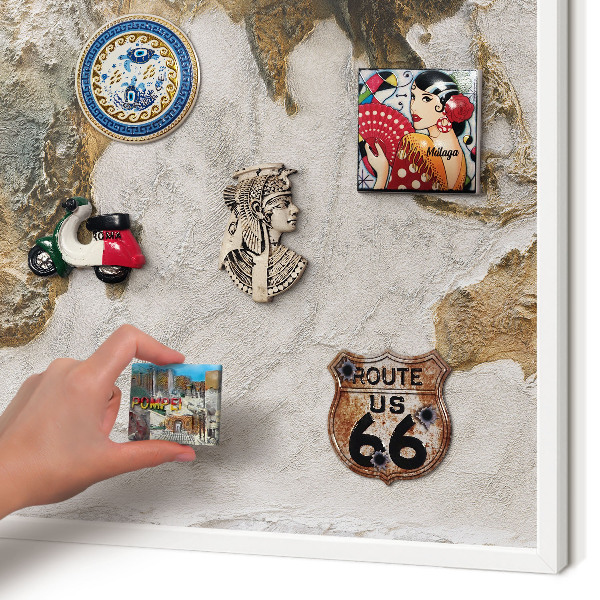 Magnetic board for travel magnets in a white frame Relief map