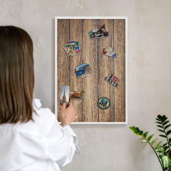 Decorative magnet board with a white frame Wooden texture