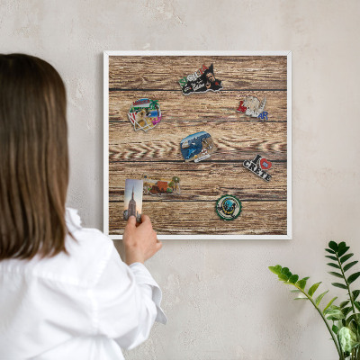 Decorative magnet board with a white frame Wooden texture