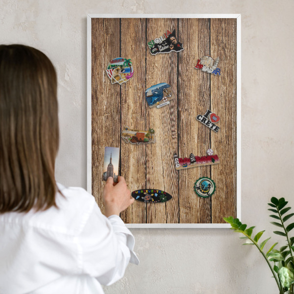 Decorative magnet board with a white frame Wooden texture