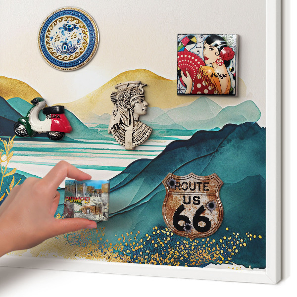 Magnetic board for travel magnets in a white frame A peaceful view