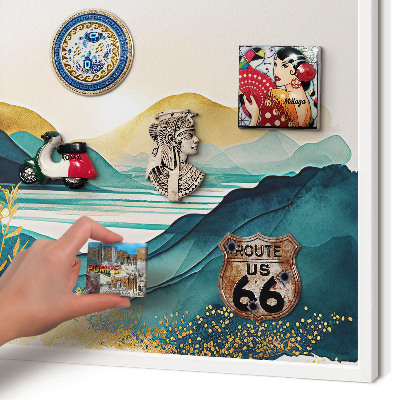 Magnetic board for travel magnets in a white frame A peaceful view