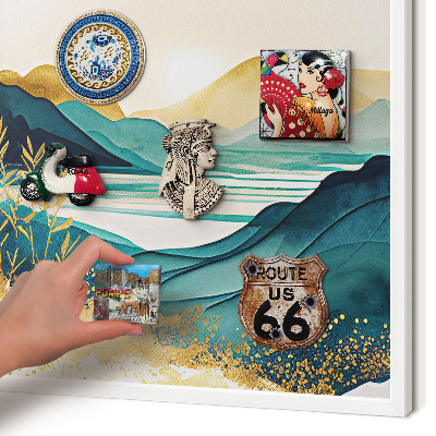 Magnetic board for travel magnets in a white frame A peaceful view