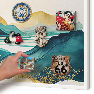 Magnetic board for travel magnets in a white frame A peaceful view