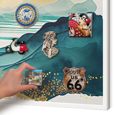 Magnetic board for travel magnets in a white frame A peaceful view