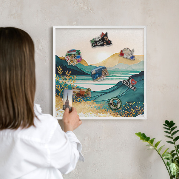 Magnetic board for travel magnets in a white frame A peaceful view