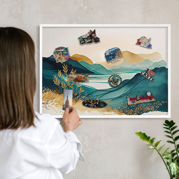 Magnetic board for travel magnets in a white frame A peaceful view
