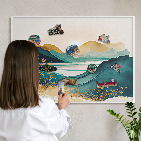 Magnetic board for travel magnets in a white frame A peaceful view