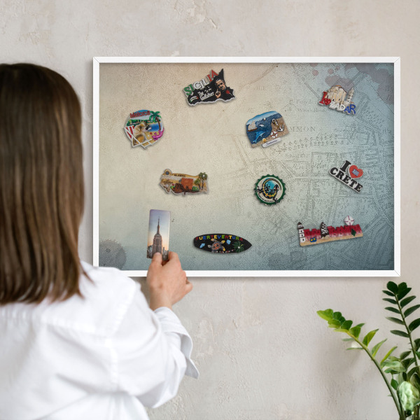 Decorative magnet board with a white frame Old map