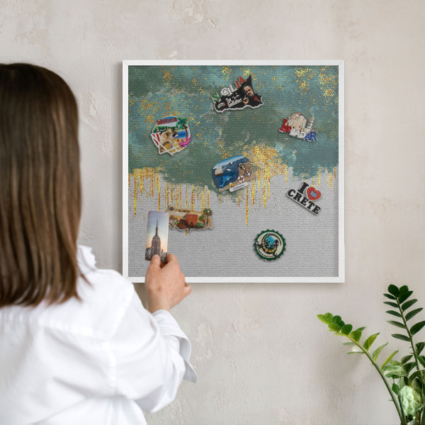 Magnetic board for travel magnets in a white frame Turquoise abstraction