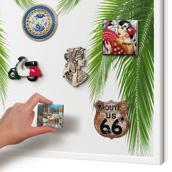 Magnetic board for travel magnets in a white frame Exotic nature