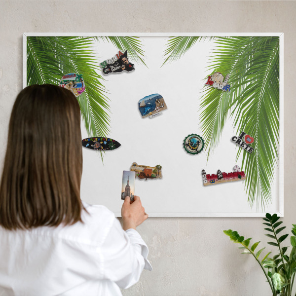Magnetic board for travel magnets in a white frame Exotic nature