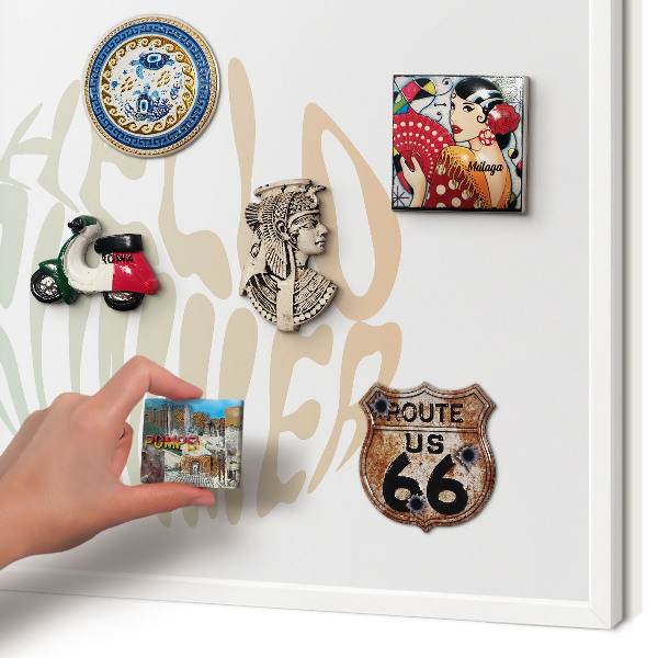 Magnetic board for travel magnets in a white frame Hello summer