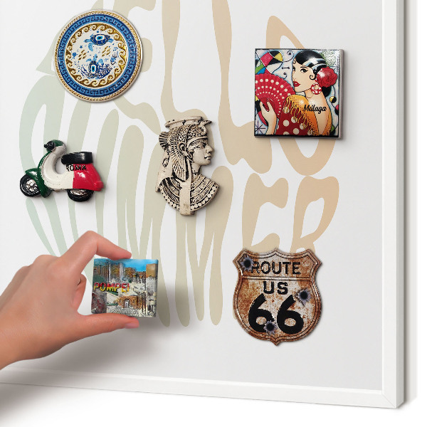 Magnetic board for travel magnets in a white frame Hello summer