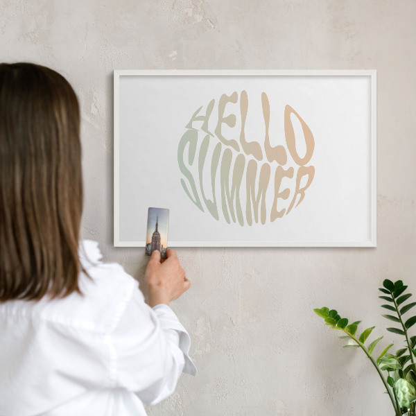 Magnetic board for travel magnets in a white frame Hello summer