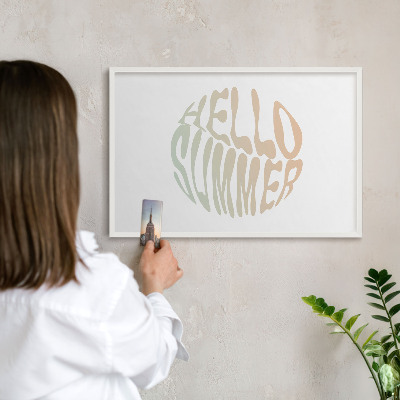 Magnetic board for travel magnets in a white frame Hello summer