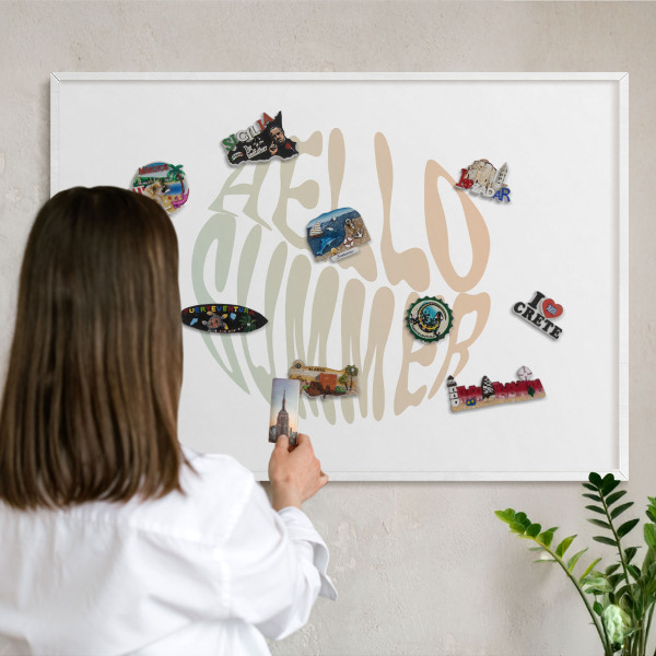 Magnetic board for travel magnets in a white frame Hello summer