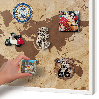Magnetic board for travel magnets in a white frame World map