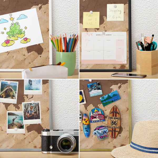 Magnetic board for travel magnets in a white frame World map