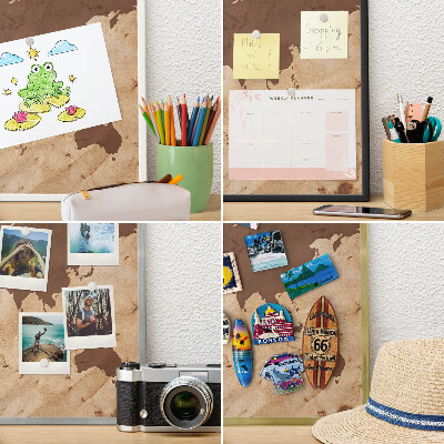 Magnetic board for travel magnets in a white frame World map