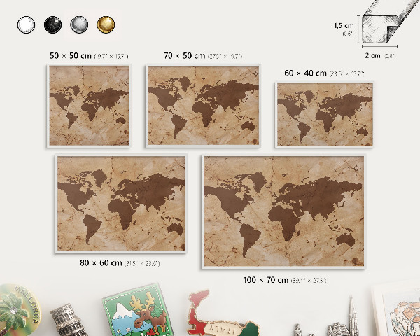 Magnetic board for travel magnets in a white frame World map