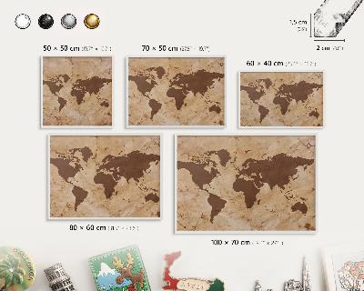 Magnetic board for travel magnets in a white frame World map