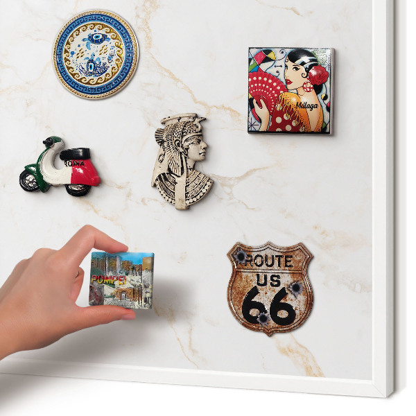 Magnetic board for travel magnets in a white frame Marble elegance