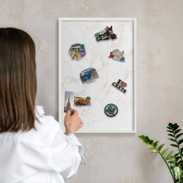 Magnetic board for travel magnets in a white frame Marble elegance