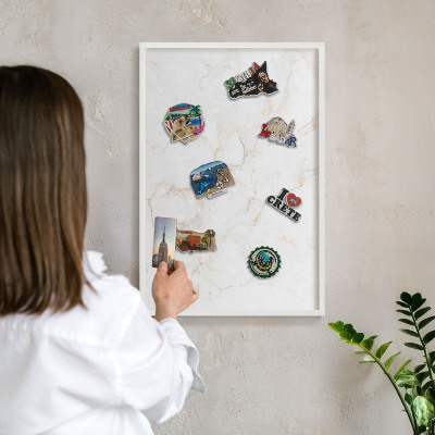 Magnetic board for travel magnets in a white frame Marble elegance