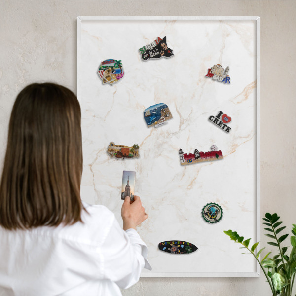 Magnetic board for travel magnets in a white frame Marble elegance