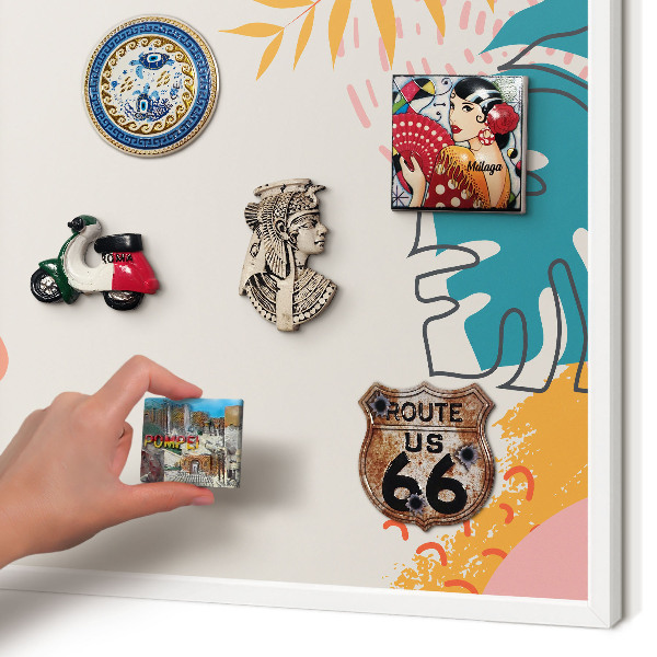 Magnetic board for travel magnets in a white frame Modern nature