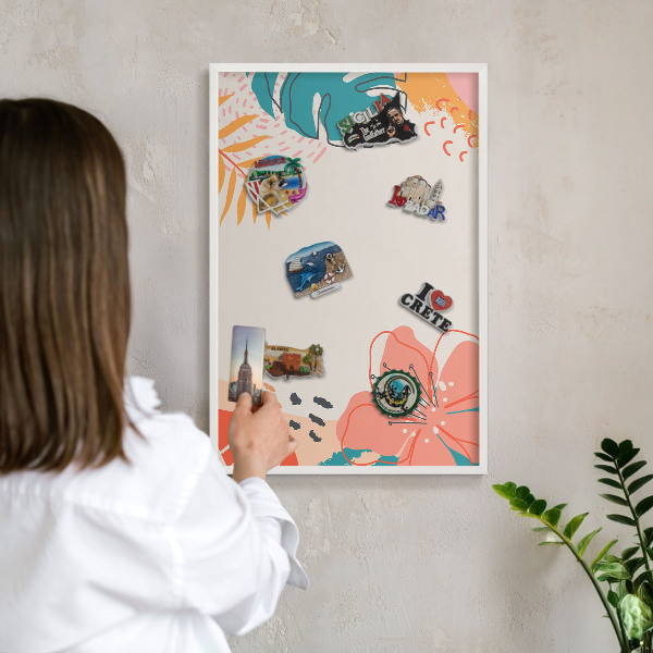 Magnetic board for travel magnets in a white frame Modern nature
