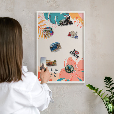 Magnetic board for travel magnets in a white frame Modern nature